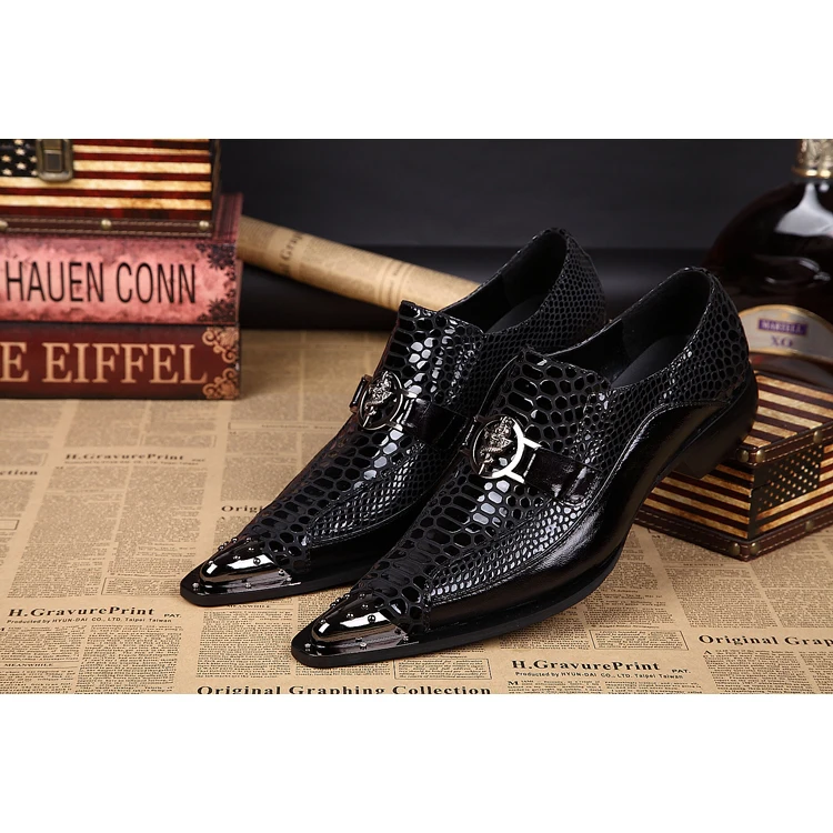 

Black Prom Party Shoes Men Handmade Leather Wedding Dress Shoes Flats Metal Pointed Toe Leather Shoes, As the picture