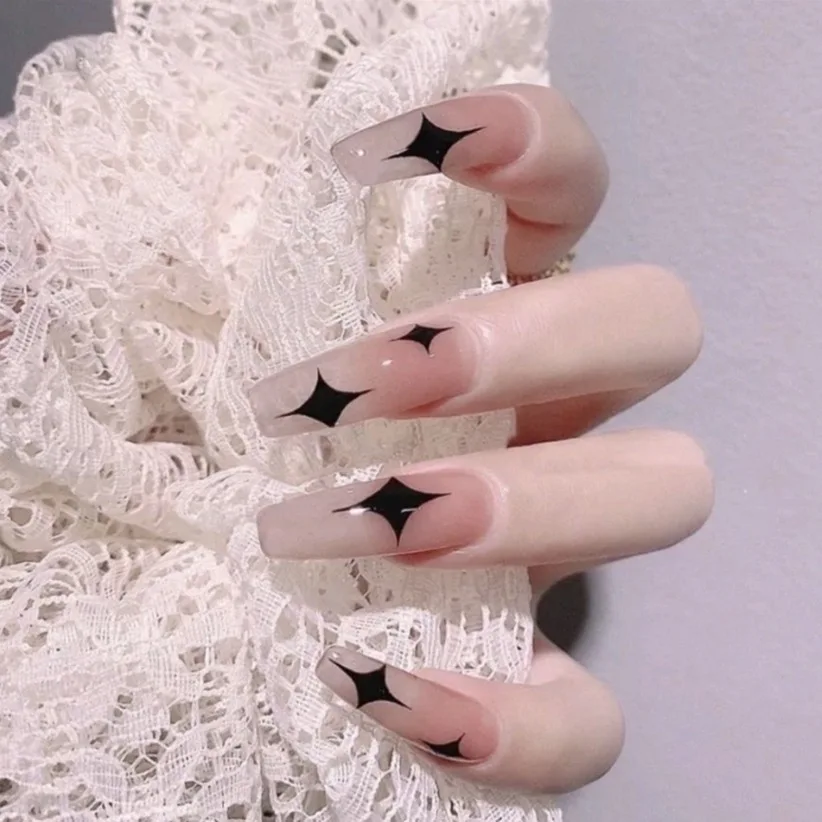 

24pcs Black False Nail Star Print Long Ballet Nail Wearable Artificial Fingernails