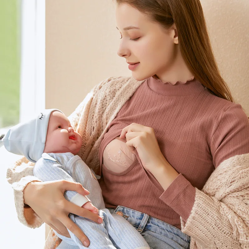 

Pregnant Women Breastfeeding Autumn Clothes Tops Pure Cotton Postpartum Nursing Pajamas Confinement Winter Bottoming Shirt, As shown in the figure