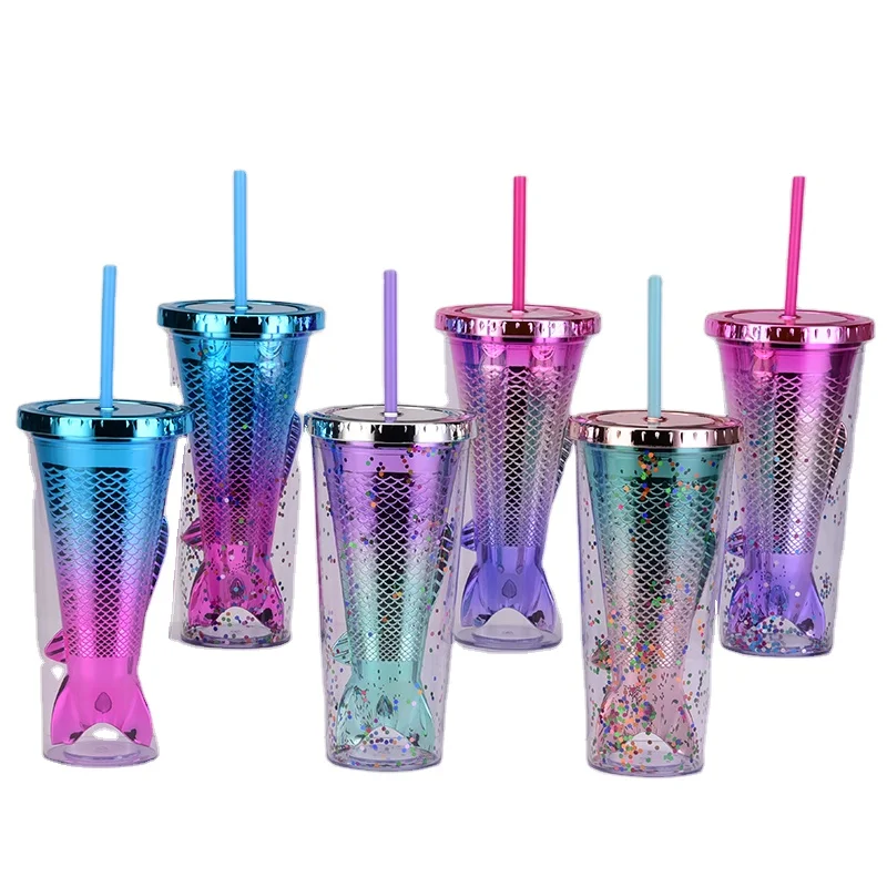 

Summer new design bling double wall plastic Mermaid gradient tumbler cups in bulk wholesale 2022 with electroplate lid and straw, Customized colors acceptable