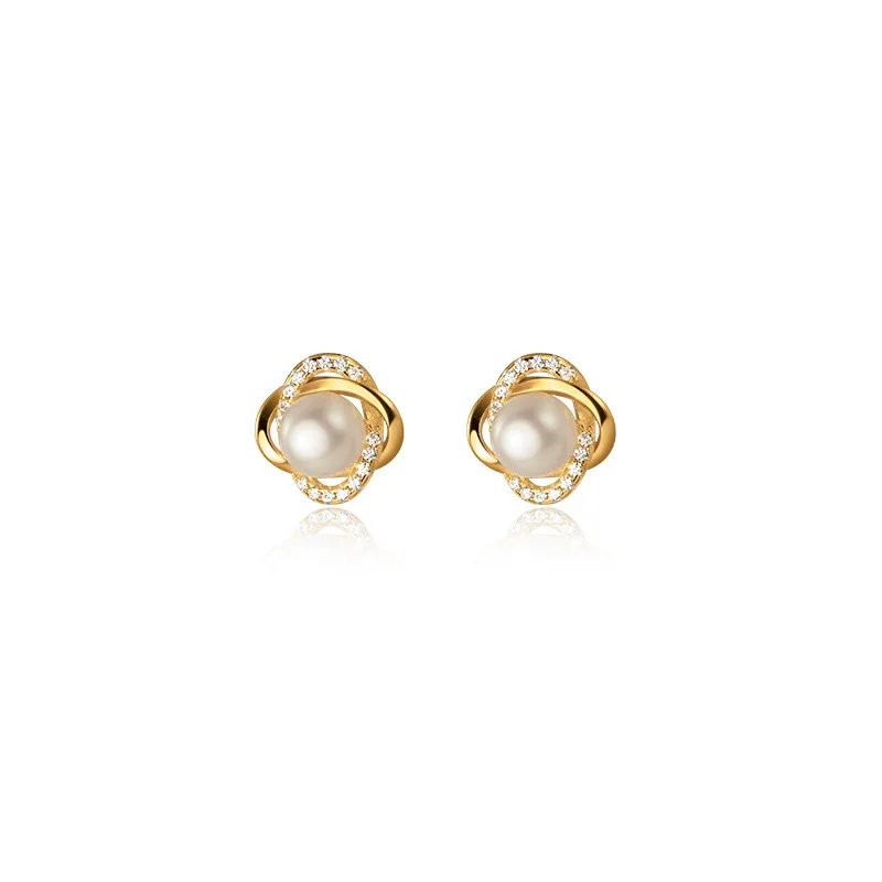 Fashion Jewelry 925 Sterling Silver Earrings Four Leaf Flower Clover Natural Real Pearl Zircon Gold Plated Stud Earrings Women