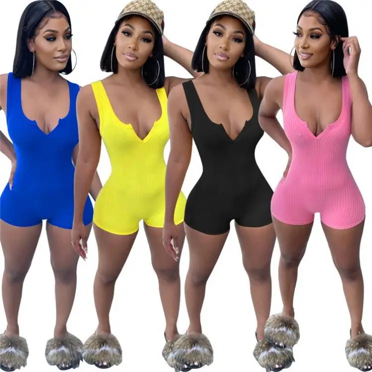 

Fondpink 2021 Summer Solid color Sleeveless Women One Piece Short Jumpsuit For Lady Jumpsuit