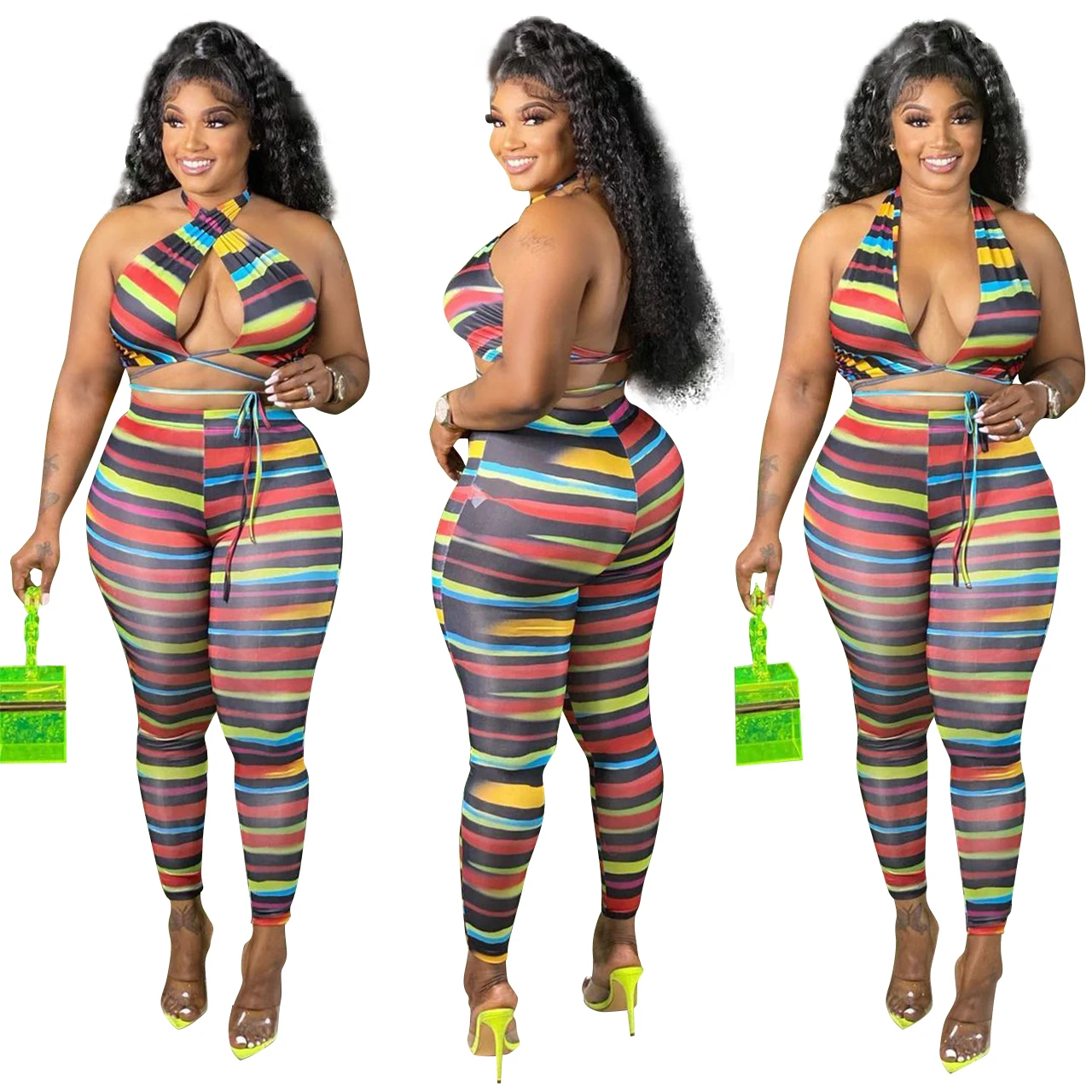 

J21Y6063 new summer in stock women's color bar printing large size bandage sexy two piece sets plus size XL 2XL 3XL 4XL