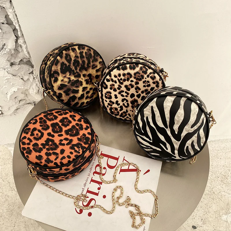 

New Korean Leopard Print Small Round Bag Fashion Chain Shoulder Bag Mobile Phone Wallet Purse