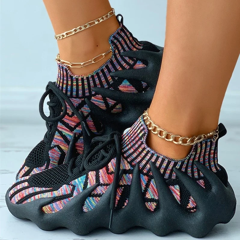 

Drop Shipping New Women Lace-up Knit Breathable Sneakers Lady Thick Bottom Wedge Heel Casual Sports Soccer Shoes, Black,beige,pink,gray,dark blue,mix colors
