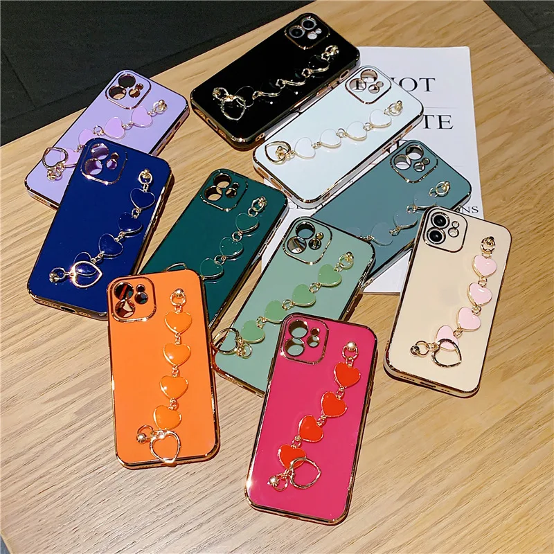 

13 Pro Max Ins Love Heart Texture Chain Casing 12 Mini 11 X XS XR Electroplating TPU Cover Pretty Cute For iPhone Case Wholesale