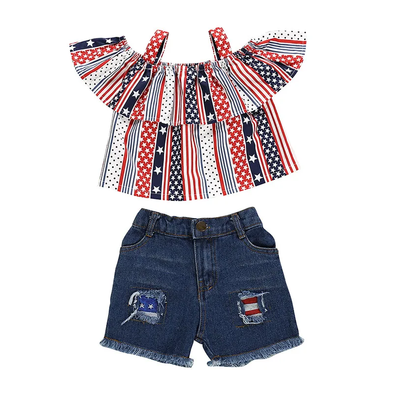 

RTS Red White Blue Star Independence Day Kids Outfit Infant Girls Clothes Set, As picture show