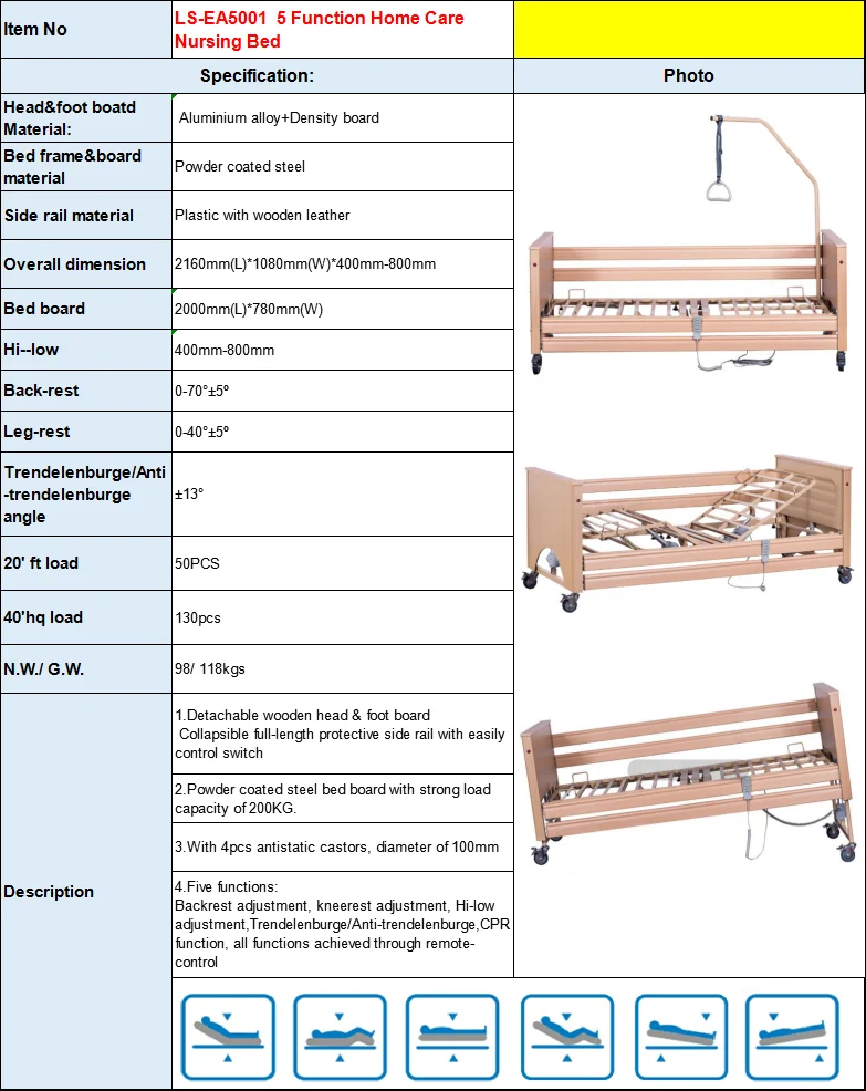 Home use multi-function 5 functions hospital electric medical beds for the elderly