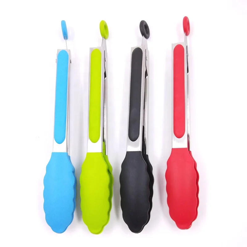 

9" and 12" Set Silicone Stainless Steel Handle Food Kitchen Cooking BBQ Barbecue Clip Baking Tools Tongs Clamp Tweezers, Black, blue, green, red