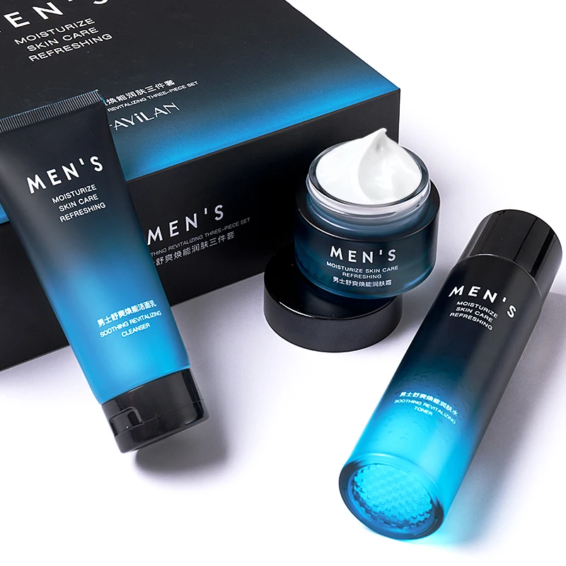 

Private Label Korean 3 Piece Facial Kit Moisturizing Organic Men's High Quality Skin Care Set, Blue