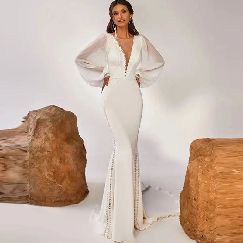 

13375#Elegant Open Back Mermaid Long Puffy Sleeves Deep V-Neck Sweep Train Soft Satin Lace Simple Wedding Dress Bridal Gown