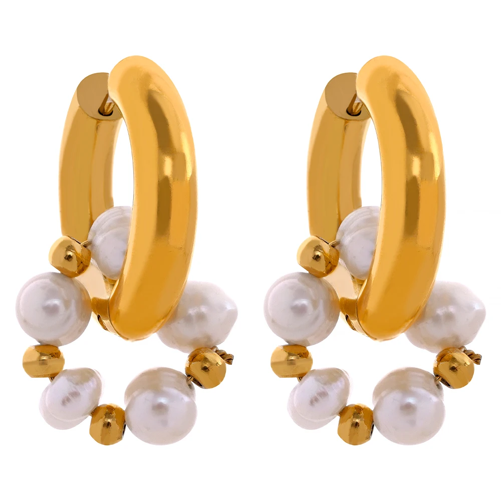 

JINYOU 1042 Natural Pearls Stainless Steel Waterproof 18k Gold Color Fashion Huggie Hoop Earrings Jewelry for Women