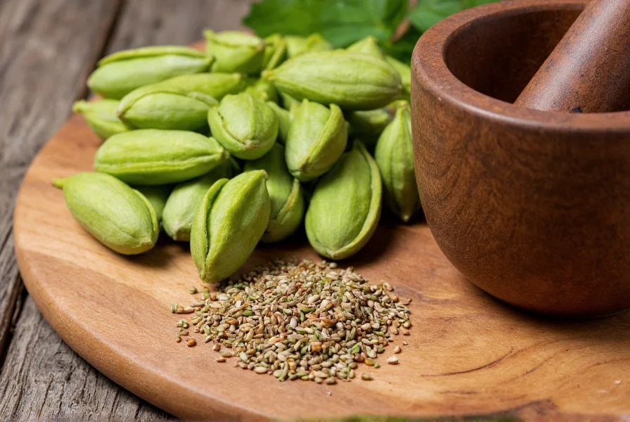 Close-up photography of green cardamom pods next to freshly ground cardamom seeds on wooden cutting board with mortar and pestle