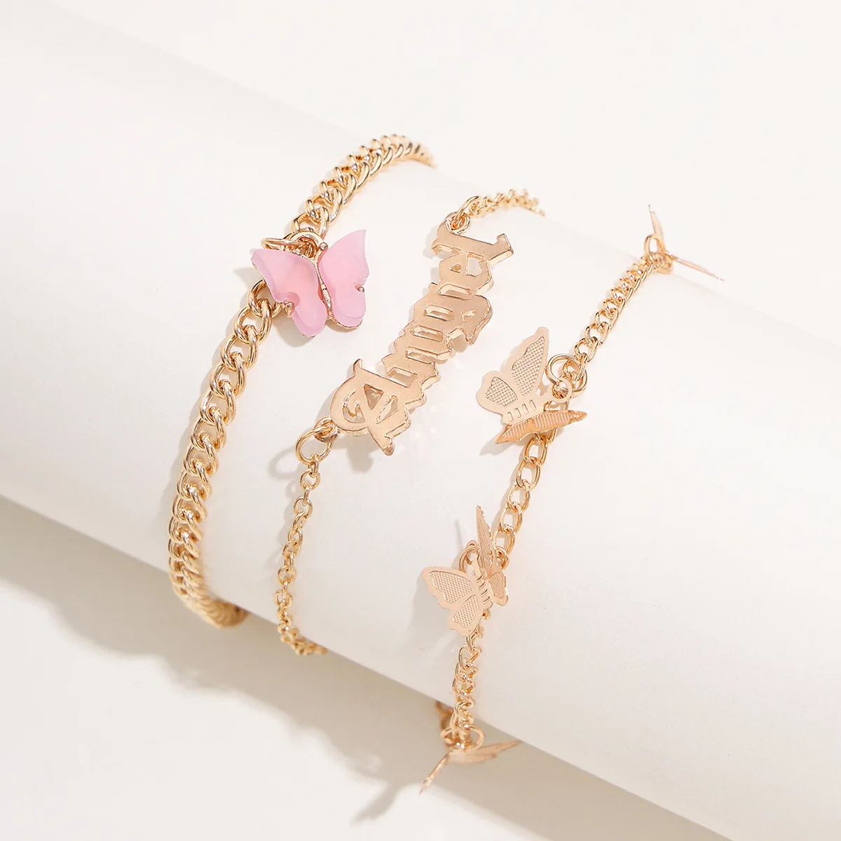 

Three layers Gold Plated Pink Black Color Butterfly Angel Boho Anklet Sets