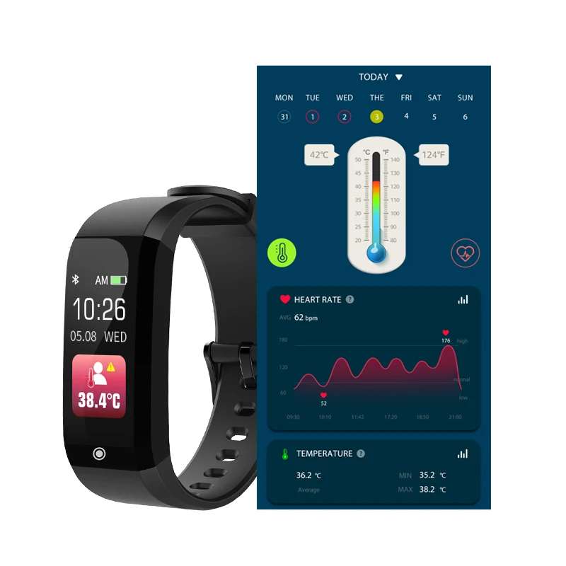 

Color screen Waterproof Smart temperature monitor with heart rate and hrv, Black, slate