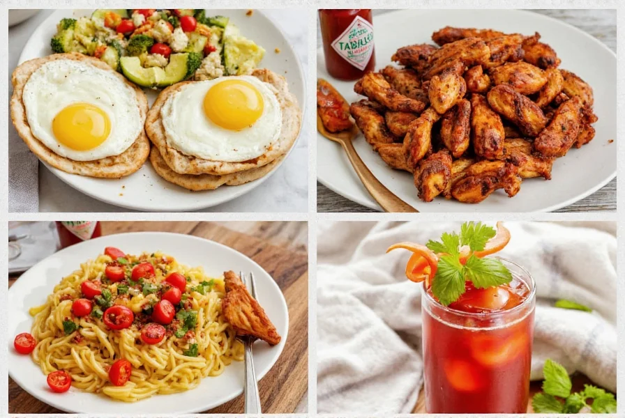 Various dishes enhanced with Tabasco Chipotle Pepper Sauce including eggs, grilled chicken, and Bloody Mary cocktail