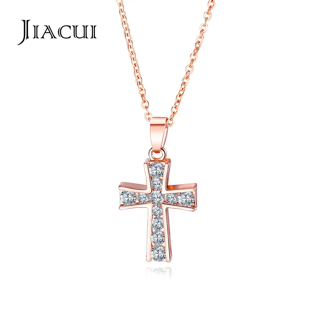 

Jiacui Fashion New Design Copper Material Rose Gold Plated Crystal Zircon Inlay Women Cross Pendant Women Crucifix Necklace