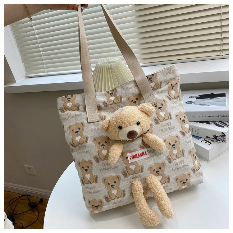 

Customized cute canvas bag single shoulder plain large capacity Korean style plush bear girl cute bag wholesale