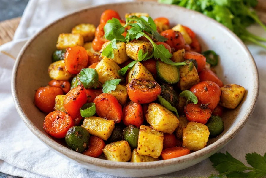 Colorful bowl of turmeric and cumin spiced roasted vegetables with fresh herbs