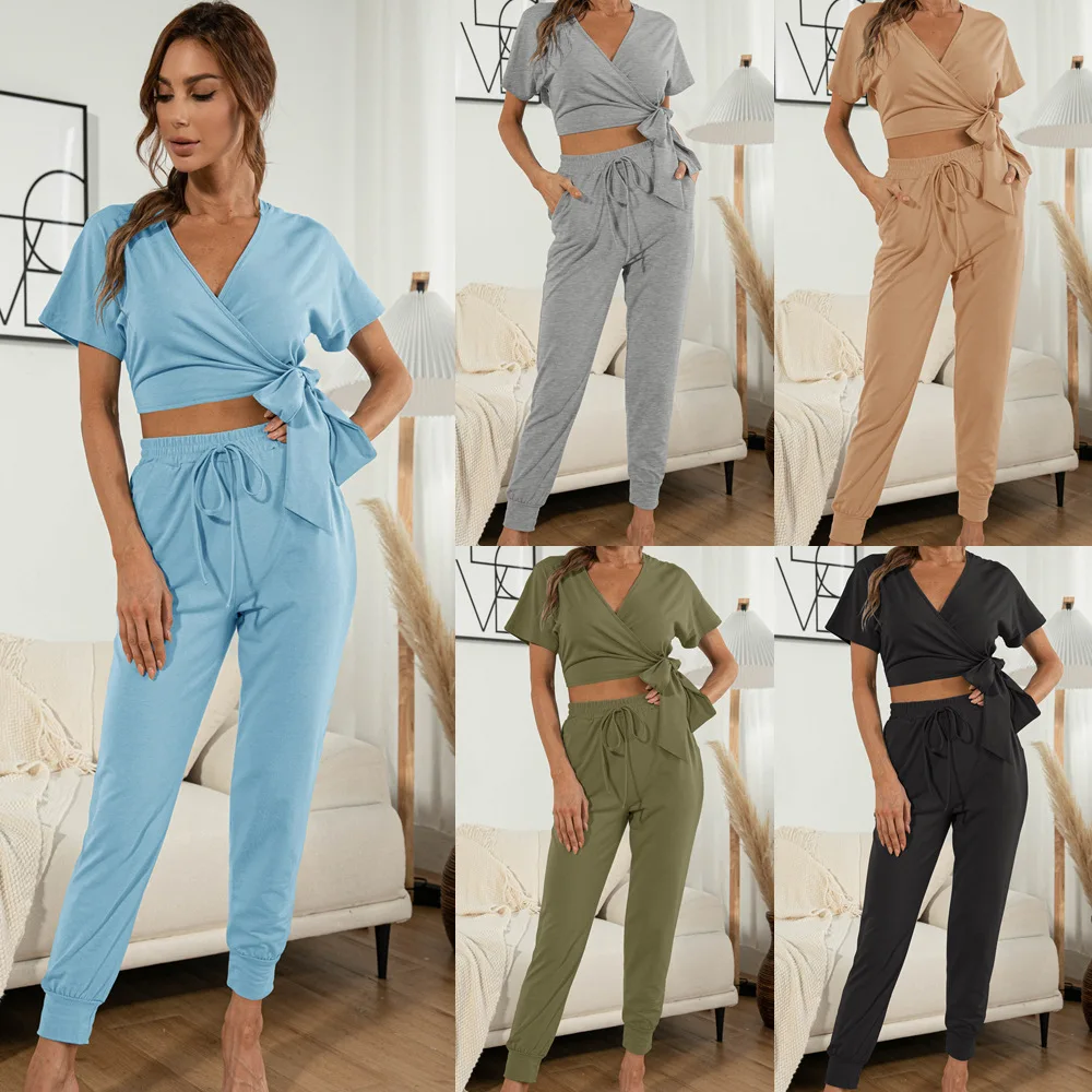 

2021 Sets women ladies outfits two piece set full set modal high quality short solid color sleeves V-neck tie, Picture