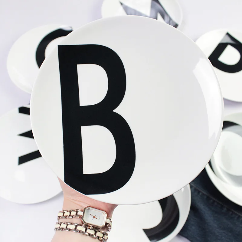 

Bone China Personalized Art Black and White English Letter Plate 8-Inch Shallow Plate Household Fruit round Dinner Dish Plate