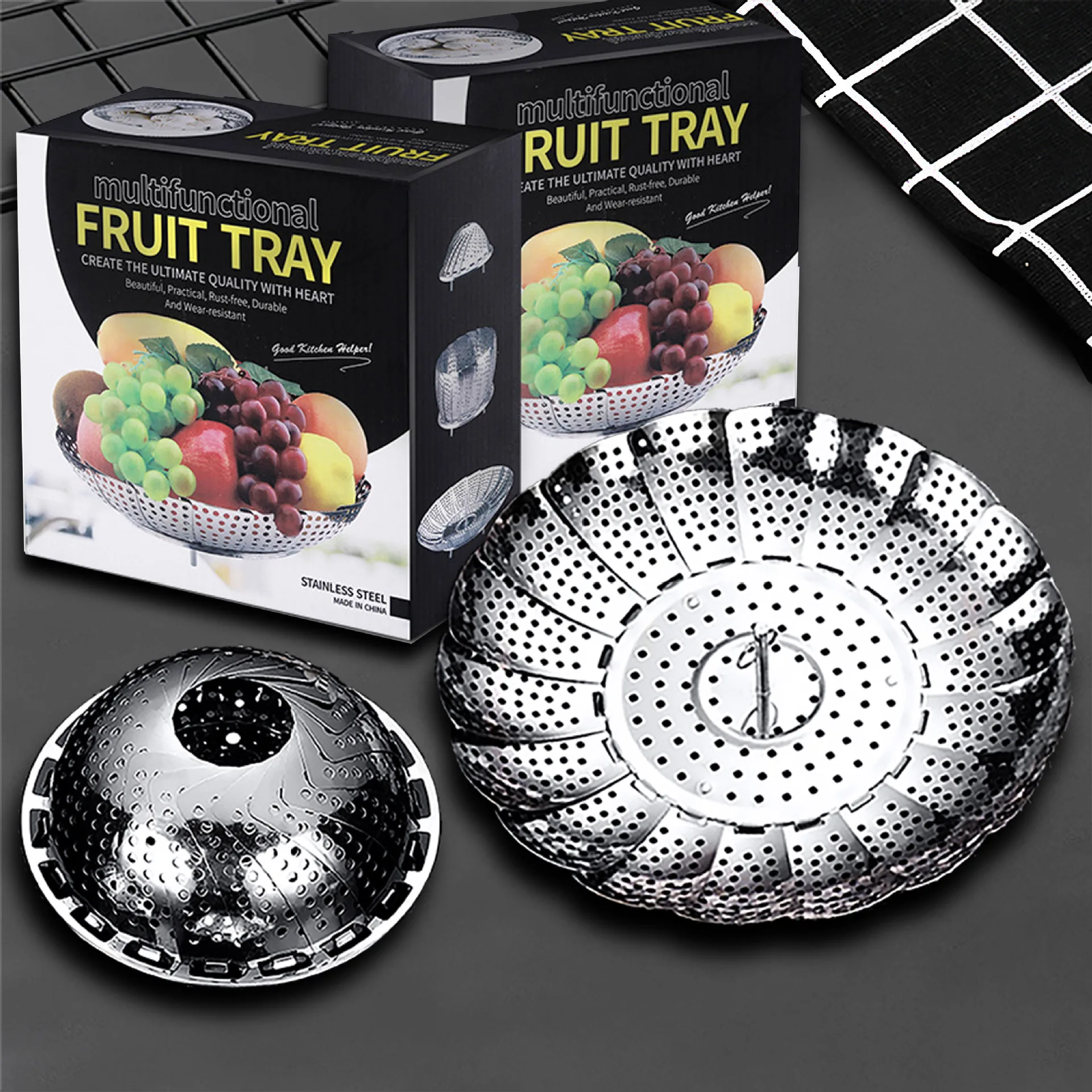 

Amazon hot sale stainless steel retractable steaming rack foldable fruit tray kitchen steaming tray steamer, Silver