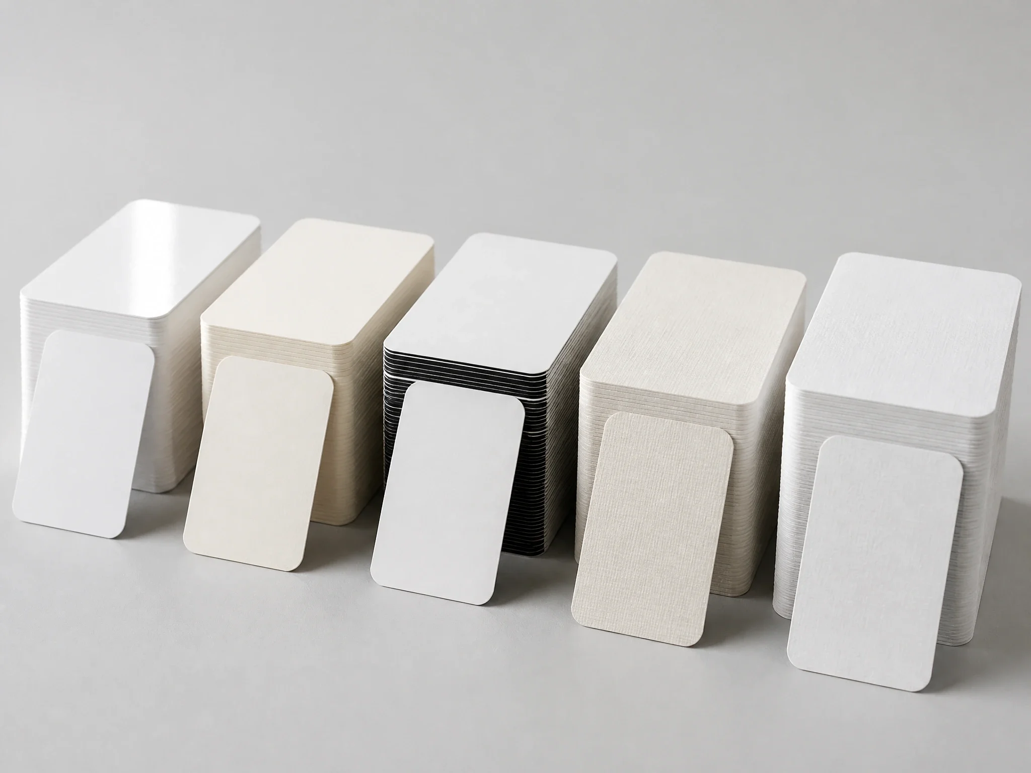 Five tarot card stocks side by side: gloss coated, cream uncoated, black core, linen textured and heavy card