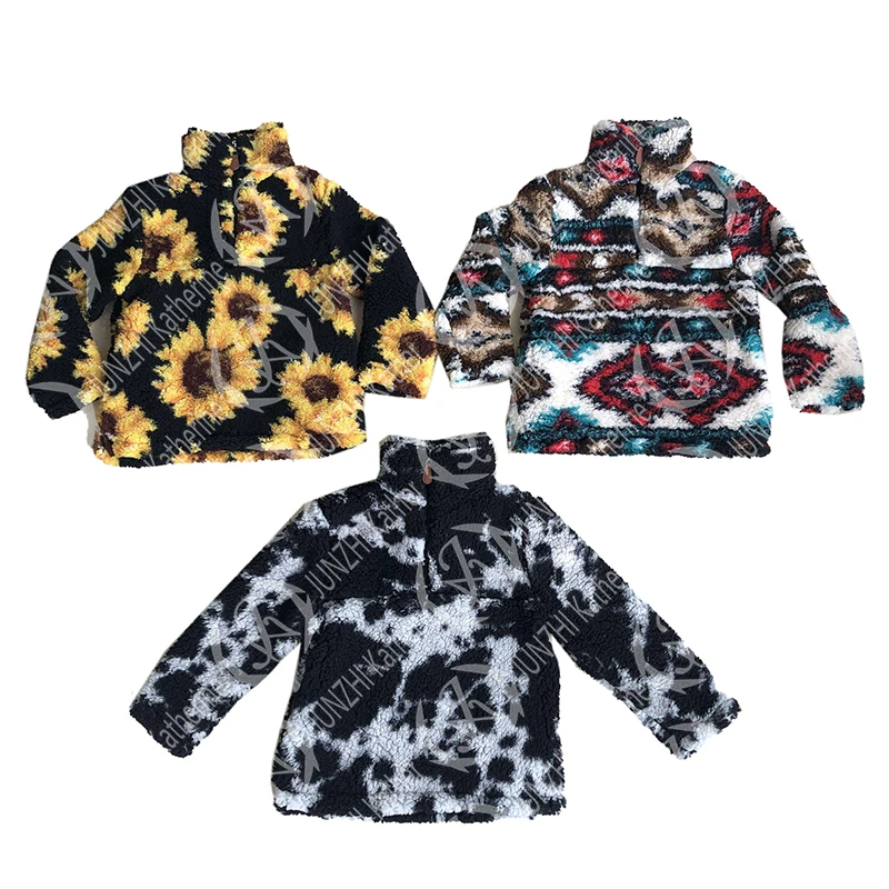 

Custom Plus Size Western Aztec Sunflower Cow Print Sherpa Fleece Hoodies Women Sweater