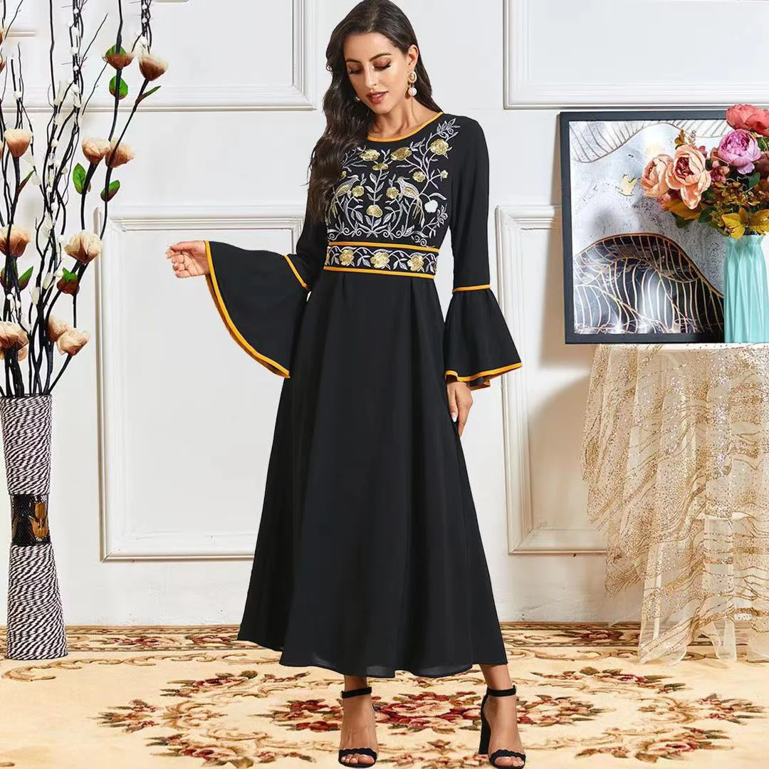 

High Quality Women Flower Embroidered Dress Long Sleeve Abaya Dubai Muslim Dresses Casual Dress Party / Daily Life Short Sleeve, Customized color