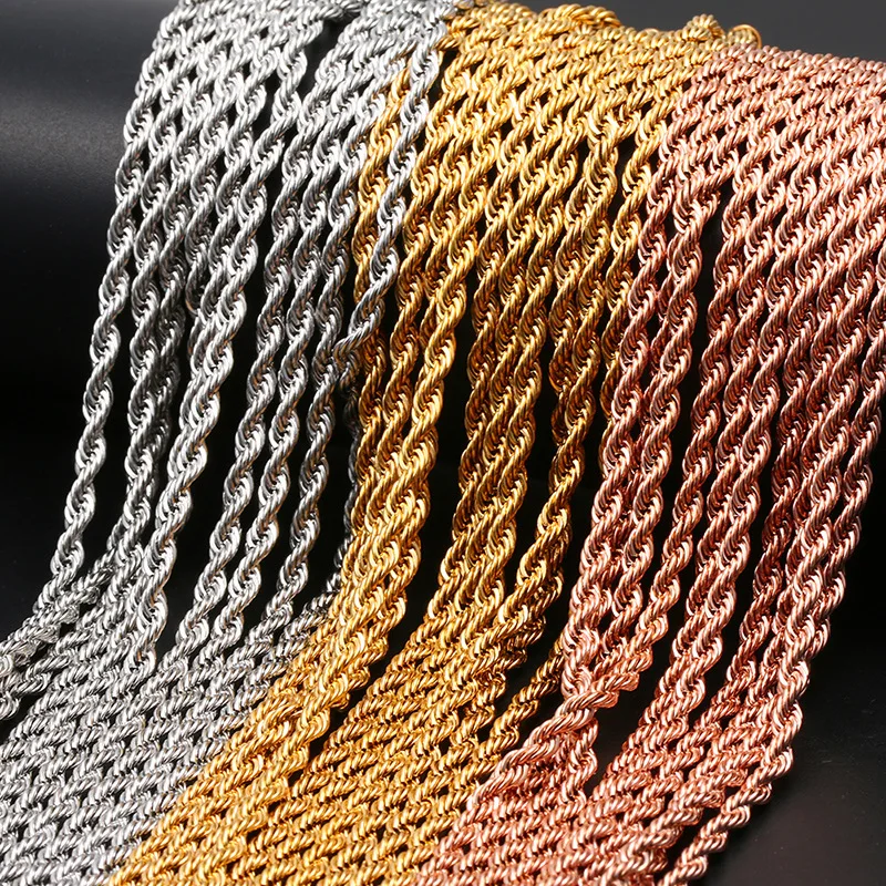 

Width 3mm Stainless Steel Gold Rope Chain Necklace Statement Swag 316L Stainless Steel Twisted Necklace Chain Gold, As picture shows