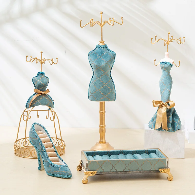 

Ring holder jewelry box dressing table jewelry rack creative ornaments flannelette mannequin necklace storage display shelf, Peacock blue
