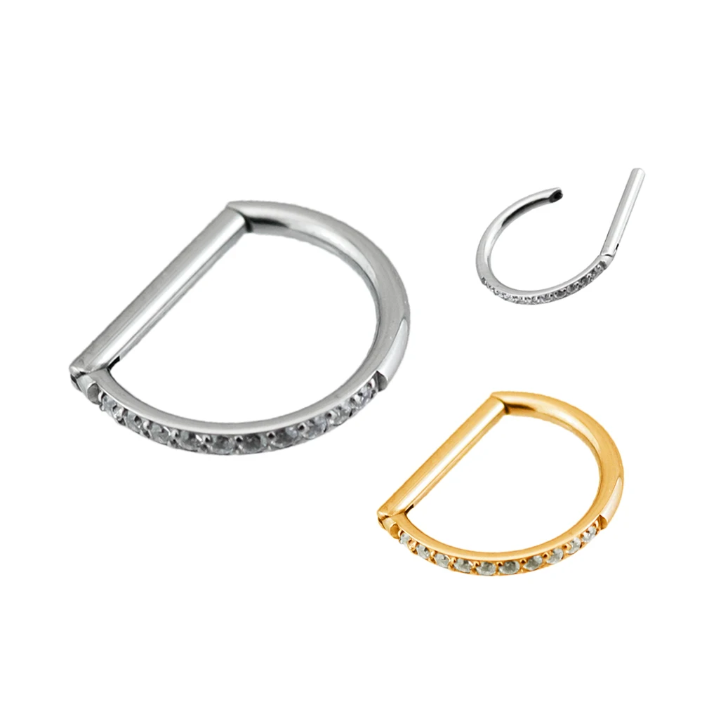 

ASTM F136 Titanium Half Ring CZ Paved D Shape Hinged Segment Clicker Cartilage Body Piercing Earring Hoop Nose Hoop