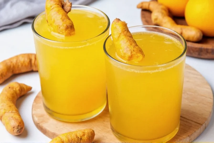 Fresh turmeric root and juice in glass