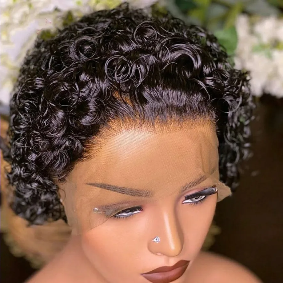 

Short Curly Lace Front Wig Human Hair 13x1 Pixie Cut Black Wigs Women Pre Plucked with Baby Hair Natural Black Curly Wigs