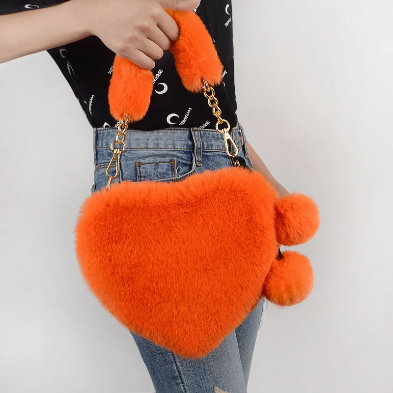 

Popular Sweet Faux Fur Plush Furry Fluffy Fleece Terry Heart Shaped Chain Link Short Handle Purse Pom Clutch Bag Mini Handbag, 10 choices