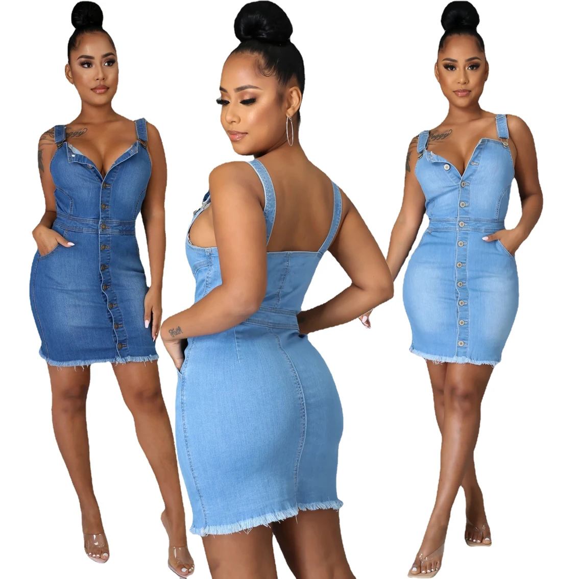 

Drop shipping fashion 2020 denim blue jean dress summer dresses jeans women belts, Shown