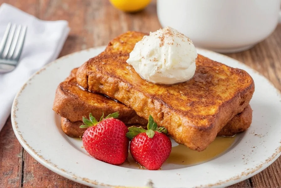 Step-by-step preparation of cinnamon french toast showing bread soaking in egg mixture and cooking on griddle