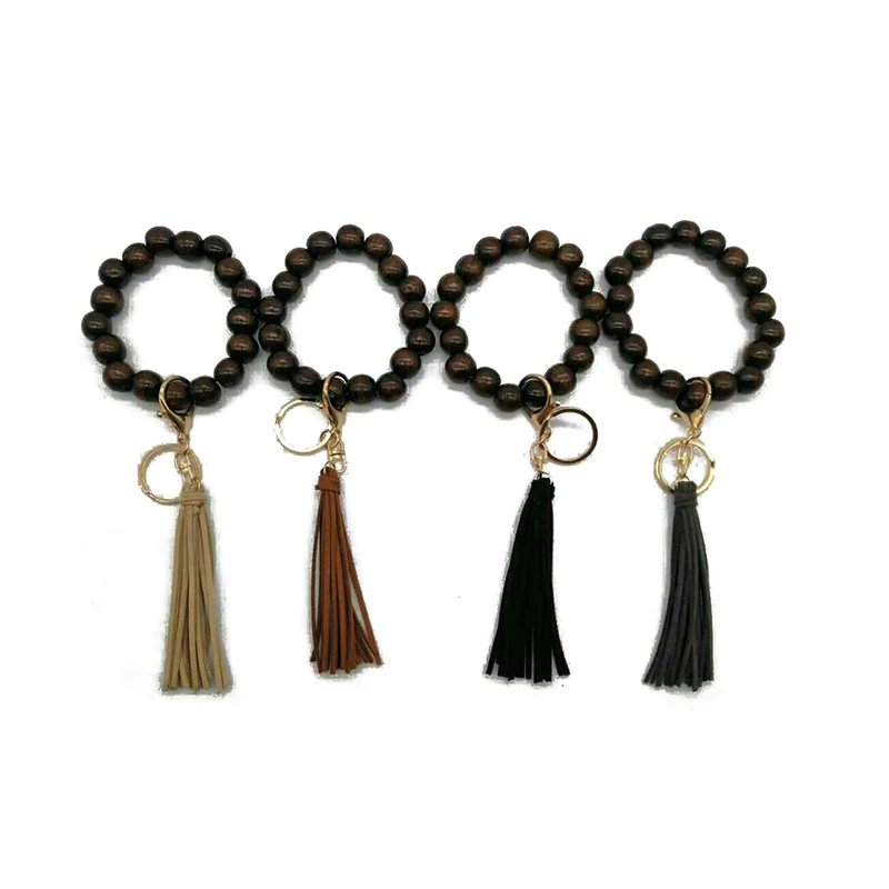 Handmade Wooden Beads Stretch Bracelet Tassel Keyring Wood Beads Bracelet Tassel Keychains
