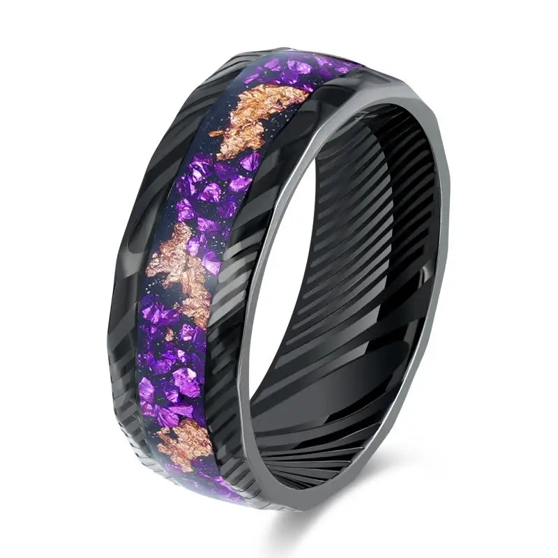 Poya Jewelry Damascus Grain Moss Agate Opal Purple Stone Meteorite Inlay Tungsten Wedding Rings for Couples Stainless Steel Gift