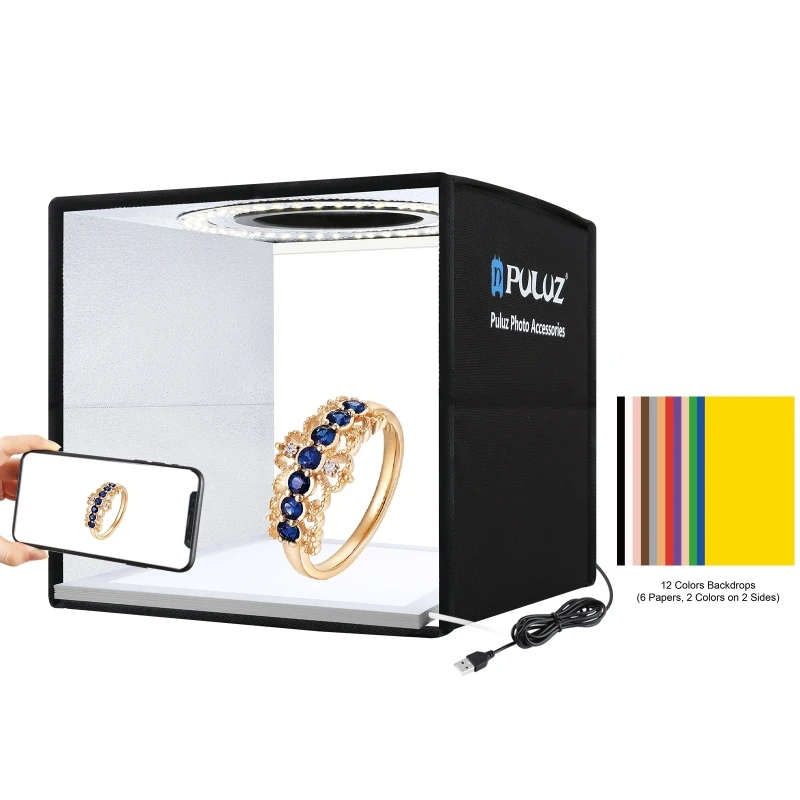 

Dropshipping New Designs PULUZ 25cm photoshoot box and Shadowless Light led panel with 12 free Backdrops