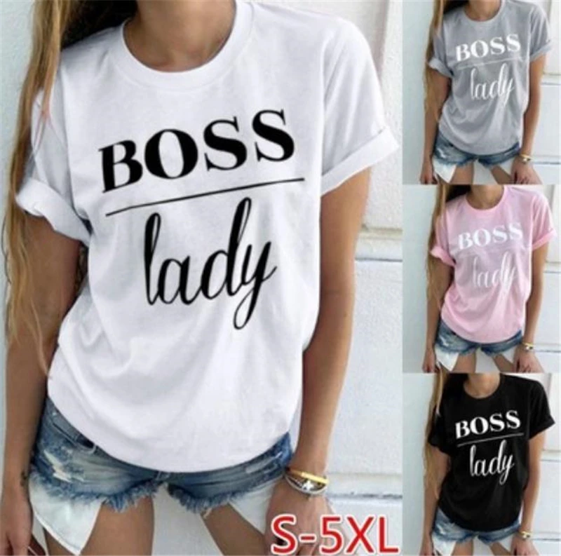 

New Summer Fashion BOSS LADIES Letter Printed Women Short Sleeve T-shirt Women Casual Round Neck Tee Tops Sports Shirt, Customized colors