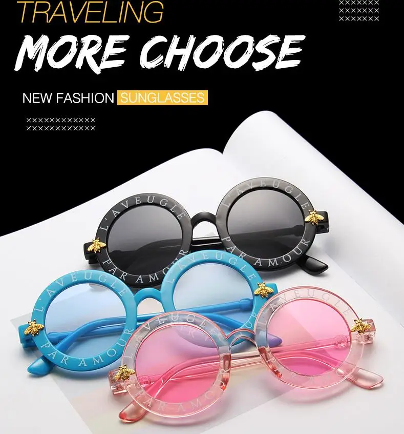 

Queena 2020 NEW Designer Round Frame Sunglasses Kids Gold bee Children Glasses UV400 Baby Summer Eyeglasses Cute Girl Eyewear, 6 colors