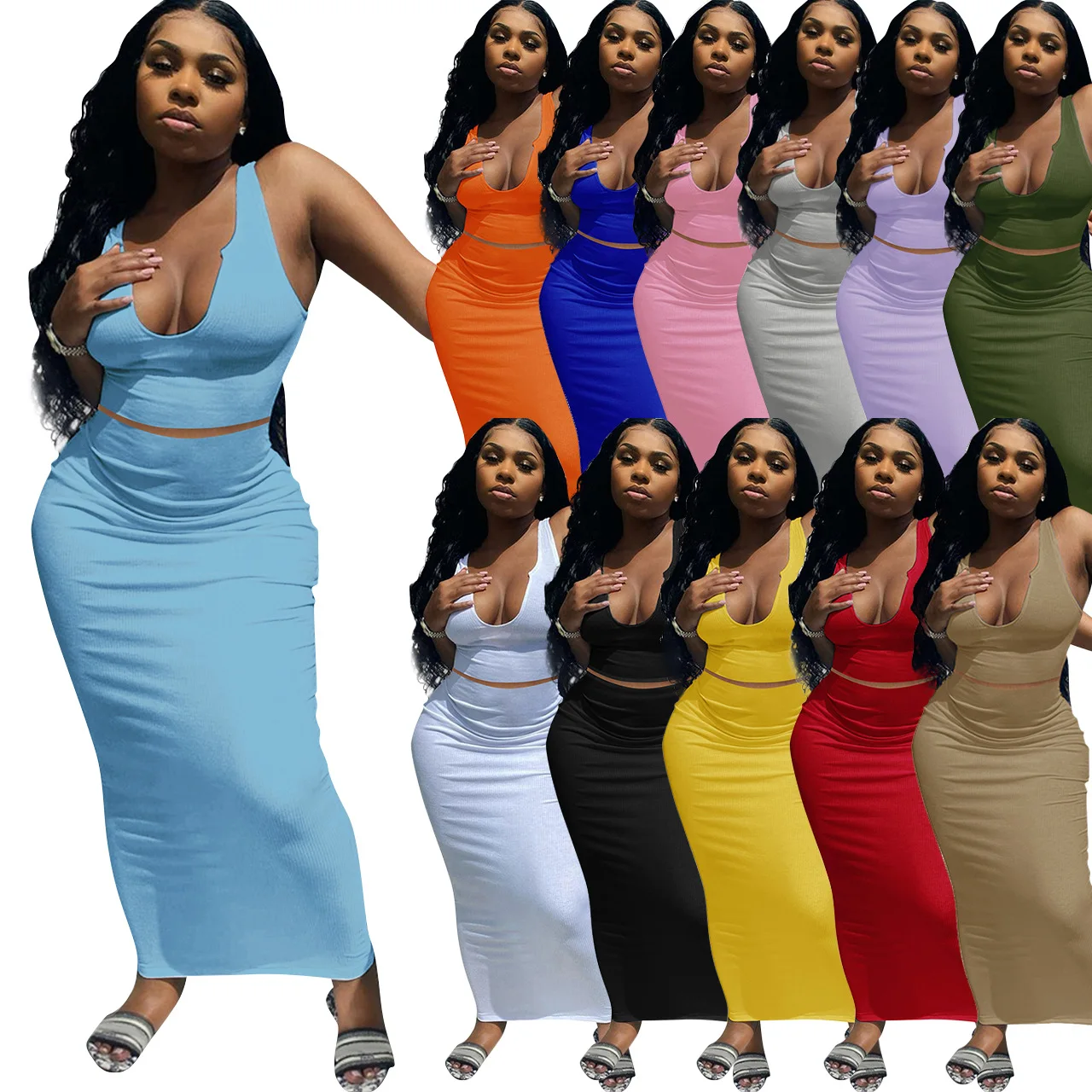 

Hot Selling Wholesale Tank Tops Ribbed Skinny Nightclub Bodycon Skirt sets for women two pieces sets for women two pieces, Picture color
