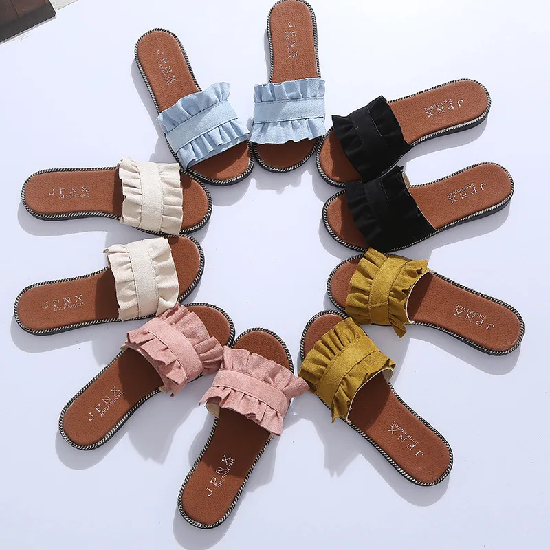 

wholesale 2019 ins hot solid color ruffles flat slippers ladies beach sandals for women, Yellow, blue, black, beige, pink