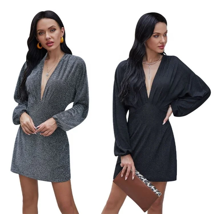 

2021 New Arrival Fashion Sexy V Neck Long Sleeved Nightclub Ladies Short Gowns Summer Dress High Waist Casual, Black,silver
