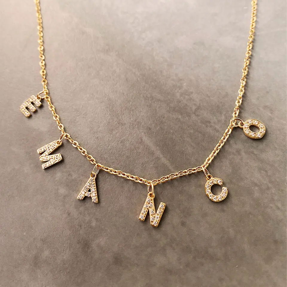 

eManco Customized Name Necklace Personalized Zircon Letter Stainless Steel Choker Necklace Pendant Nameplate Gift Wholesale