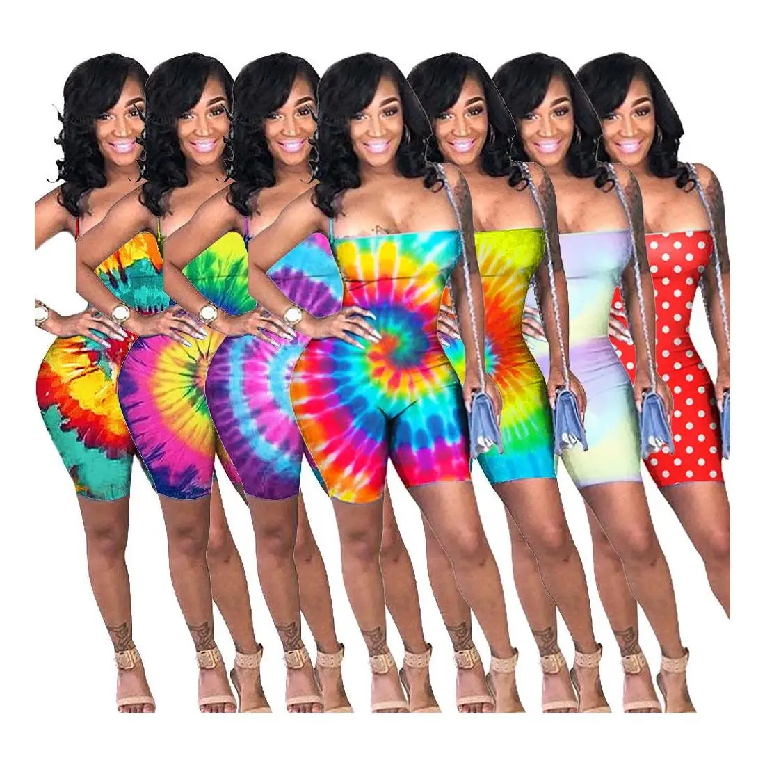 

Sexy Women Designer Jumpsuits Rompers Summer Clothing Tie-Dye Rainbow Polka Dot Straps With Backless Overalls Shorts Pleated Jum