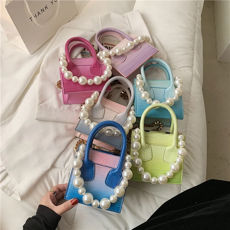 

New 2021 Korean version one-shoulder cross-body bag INS gradual stone pearl chain bag mini handbag for women, Picture