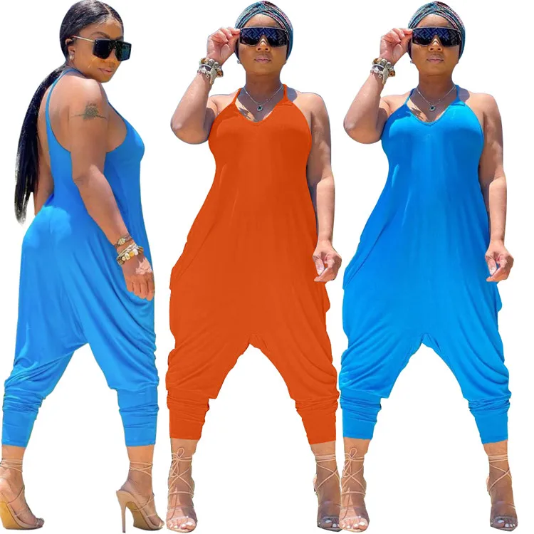 

New Product Trending Loose Jumpsuit Solid Color Halter Womens Jumpsuit Casual Harem Pants Irregular V Neck Jumpsuit, As picture