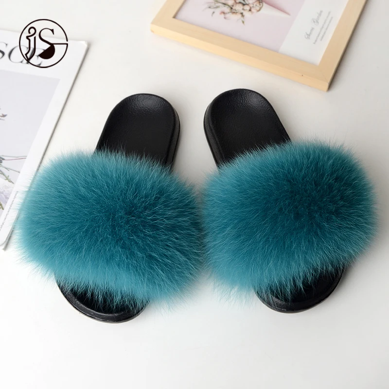 

2021 Fashion Various styles fur slides plush comfy outdoor slides for women 100% Real Fox comfy furry slippers, Picture